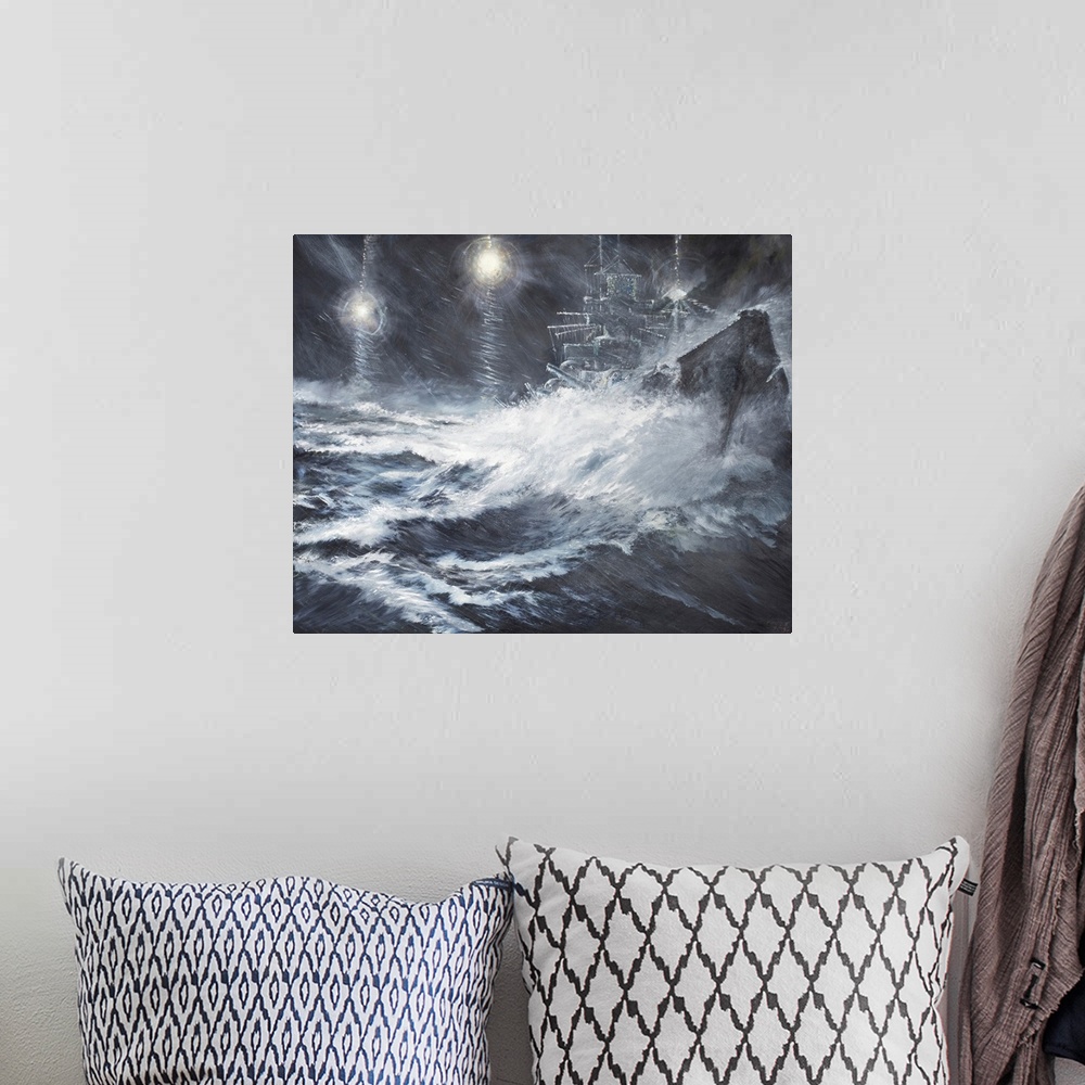 A bohemian room featuring Contemporary painting of a ship riding the high seas during a rough storm.