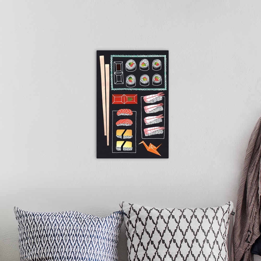 A bohemian room featuring Contemporary artwork of sushi and chopsticks on a black surface.