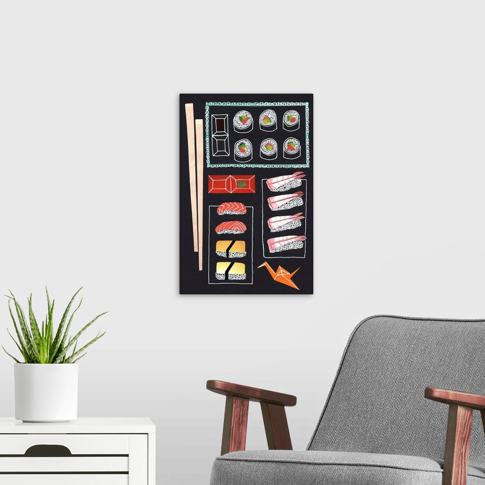 A modern room featuring Contemporary artwork of sushi and chopsticks on a black surface.