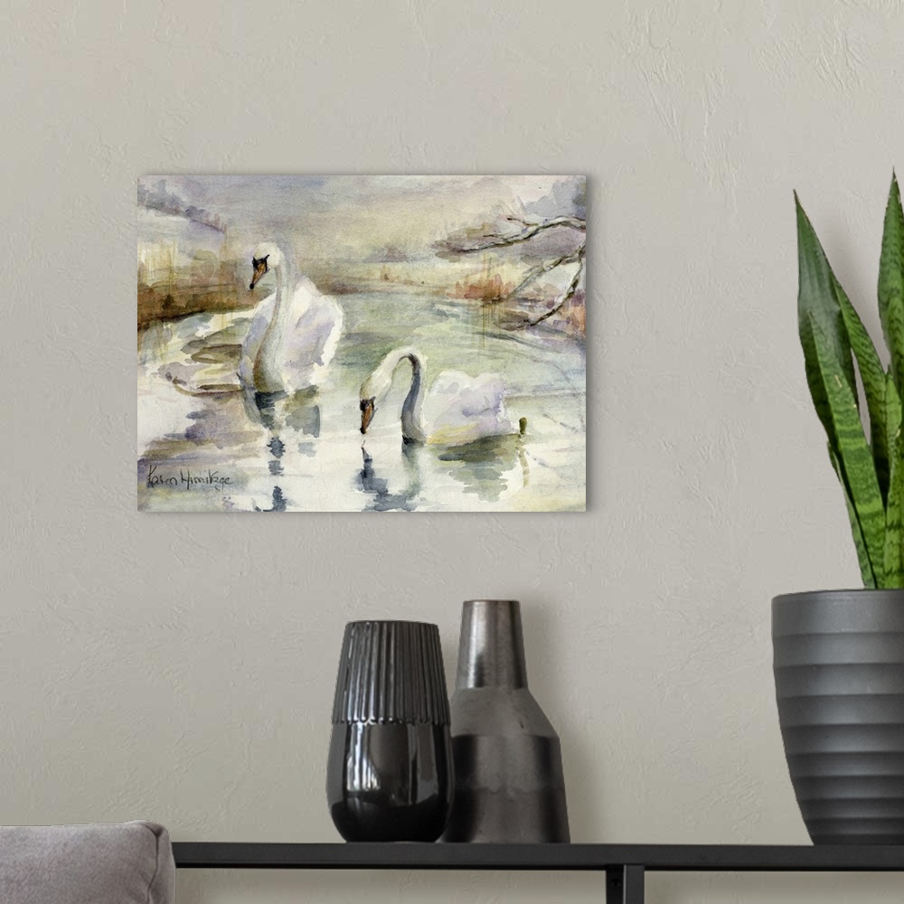 A modern room featuring Oversized horizontal artwork of two swans floating in the calm waters of a pond, surrounded by a ...