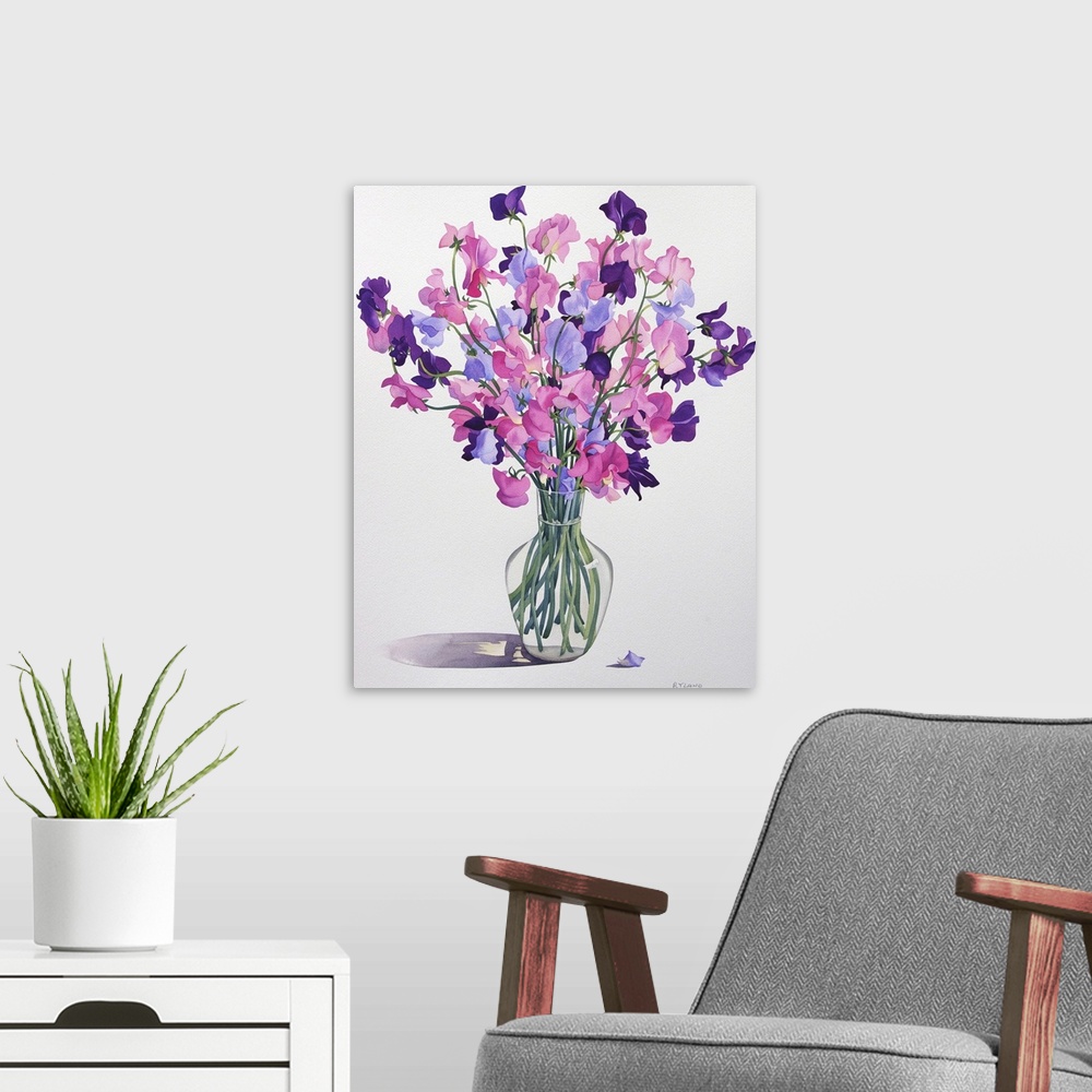 A modern room featuring Contemporary painting of a decorative vase holding a bouquet of flowers.