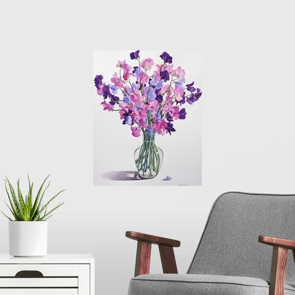 A modern room featuring Contemporary painting of a decorative vase holding a bouquet of flowers.