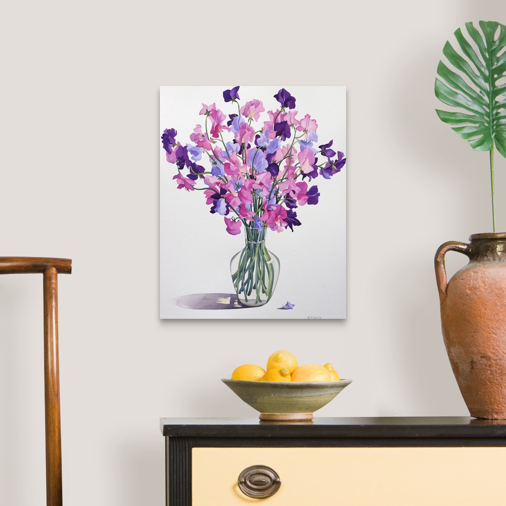 A traditional room featuring Contemporary painting of a decorative vase holding a bouquet of flowers.