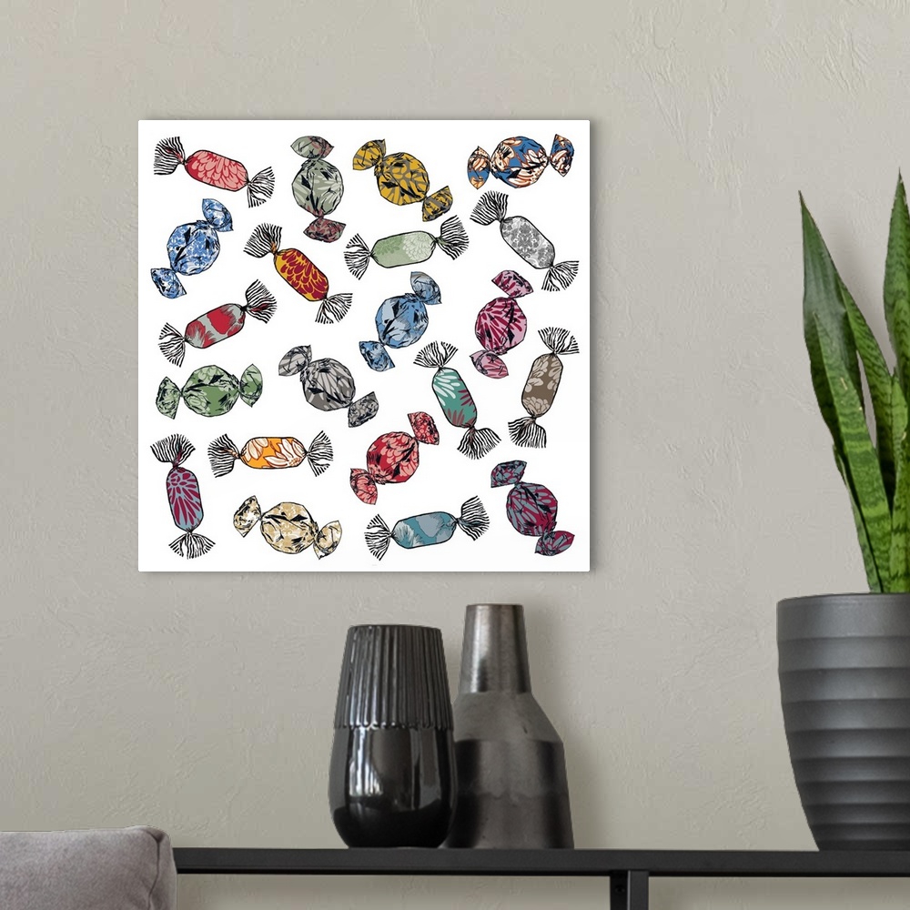 A modern room featuring Contemporary artwork of a pattern of candies against a white background.