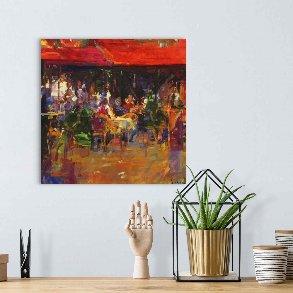 A bohemian room featuring Oil Painting depicting patrons sitting at an outside cafo.