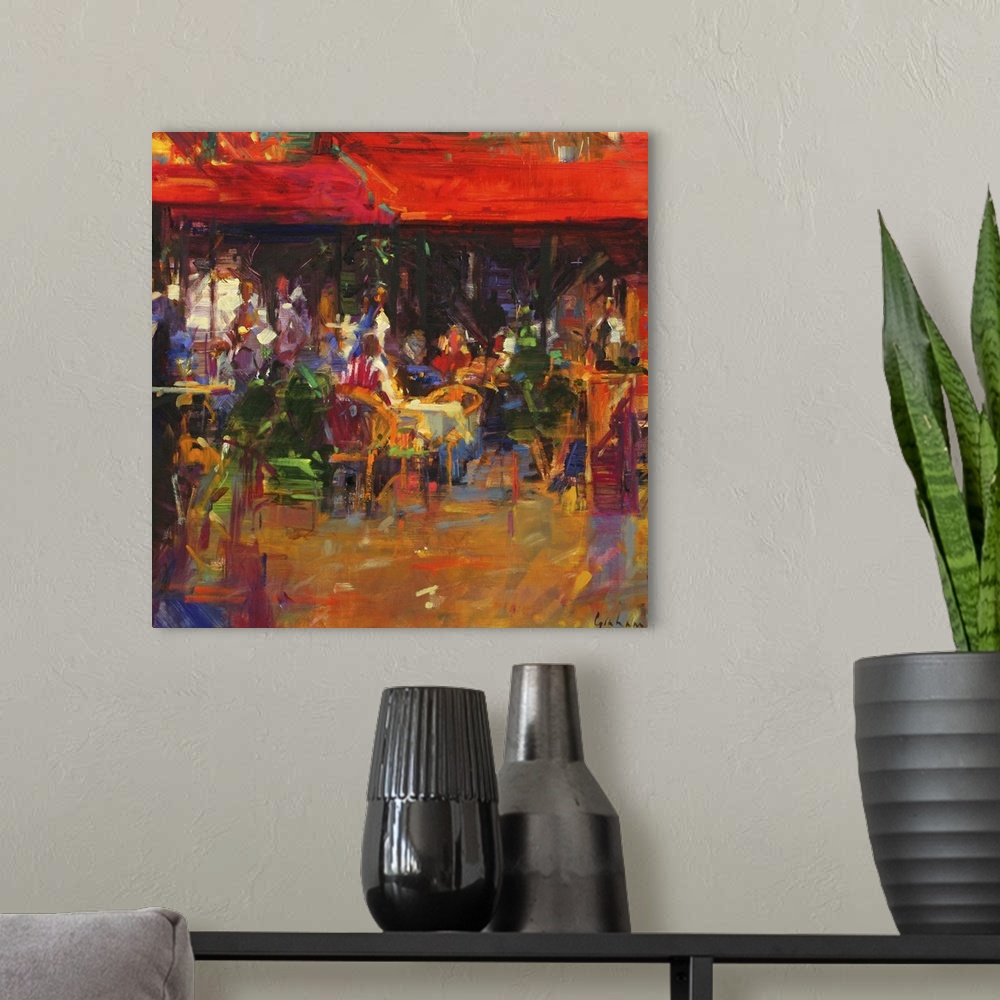 A modern room featuring Oil Painting depicting patrons sitting at an outside cafo.
