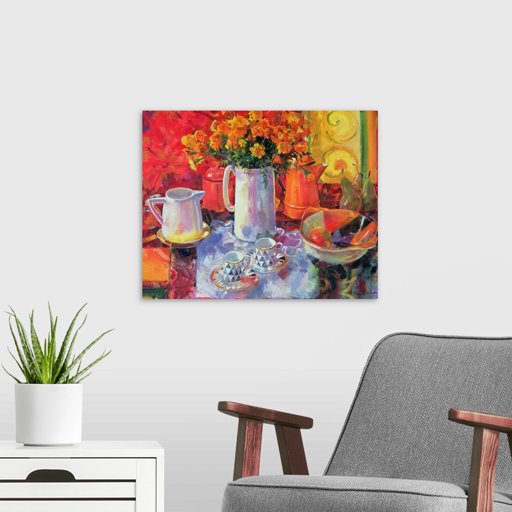 A modern room featuring Contemporary still life painting of a table set for tea with two tea cups and pot of tea with a t...