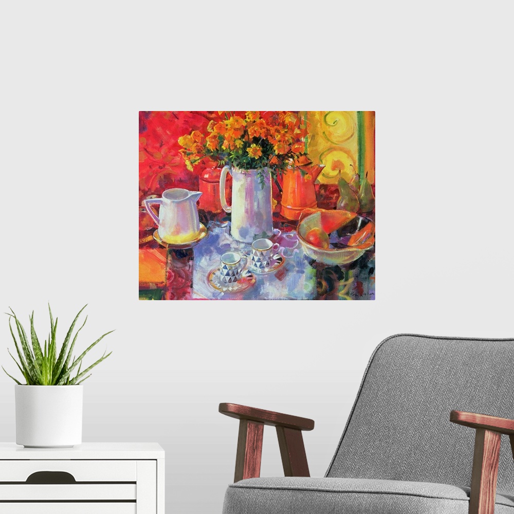 A modern room featuring Contemporary still life painting of a table set for tea with two tea cups and pot of tea with a t...