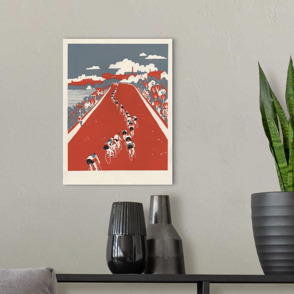 A modern room featuring Contemporary artwork of a cyclists on a red road.