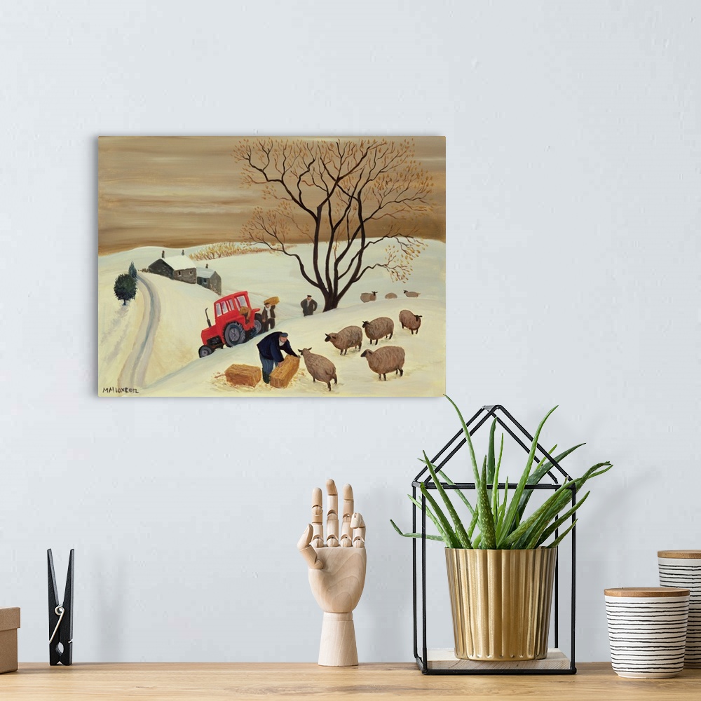 A bohemian room featuring Contemporary painting of a farmer tending to his flock of sheep in the winter.