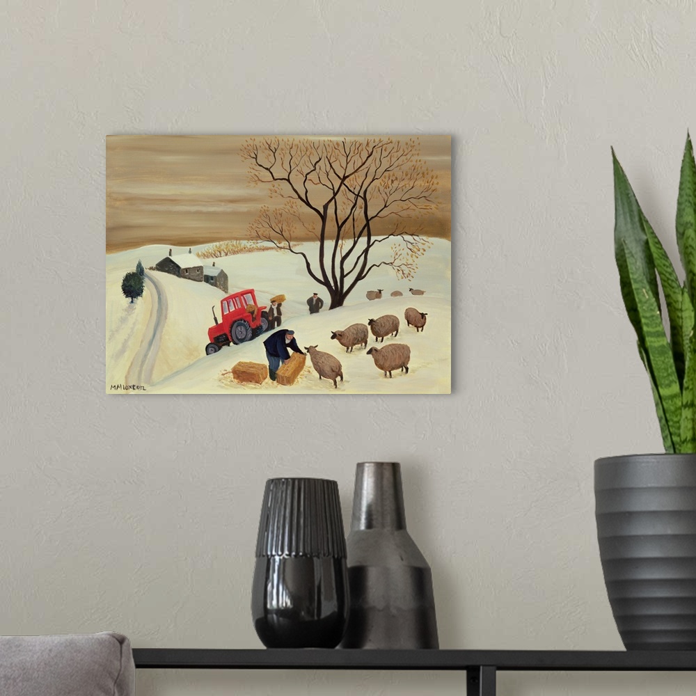 A modern room featuring Contemporary painting of a farmer tending to his flock of sheep in the winter.