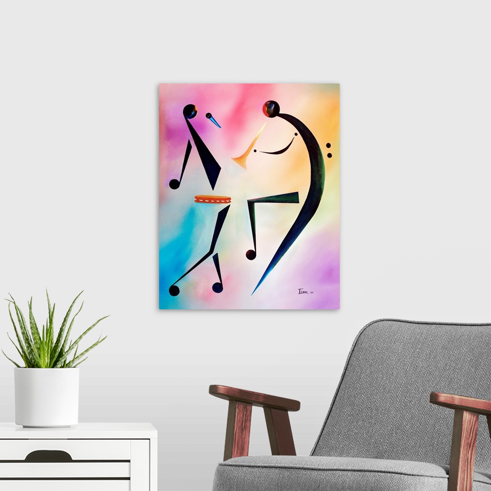 A modern room featuring Abstract painting of two figures of musicians, a singer and a trumpet player, created out of musi...