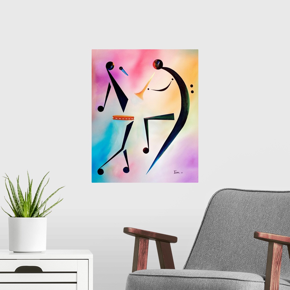 A modern room featuring Abstract painting of two figures of musicians, a singer and a trumpet player, created out of musi...