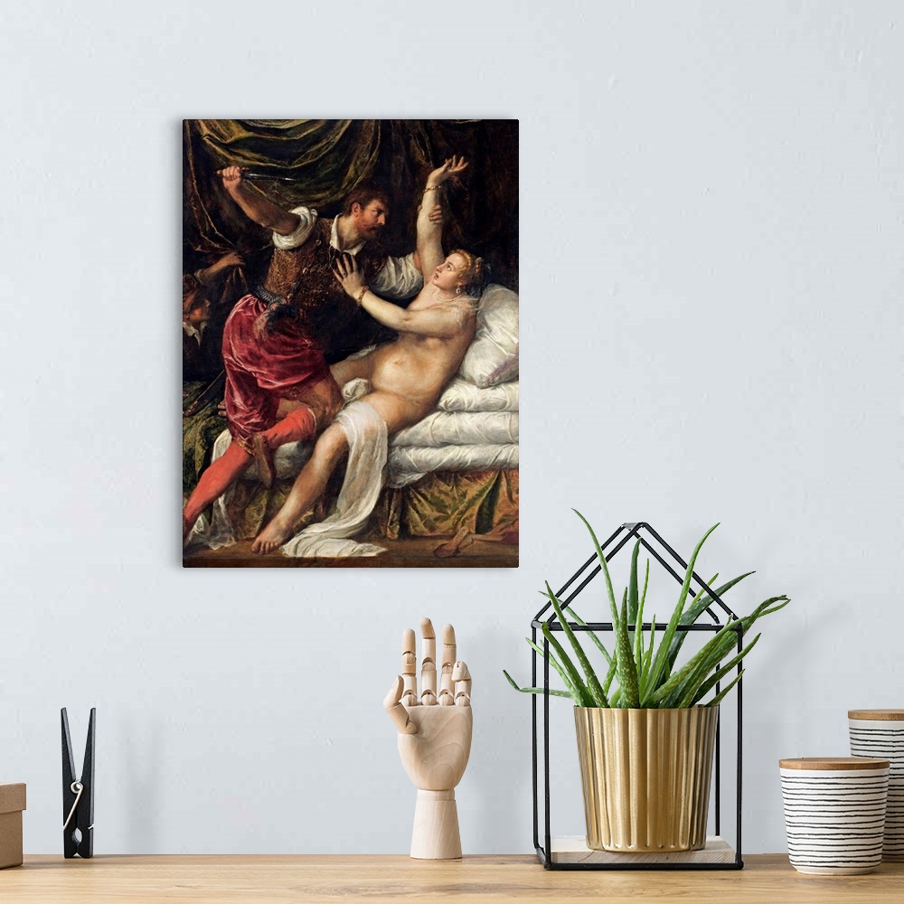 A bohemian room featuring Tarquin and Lucretia. Tiziano Vecellio (Titian). Oil on canvas. Dimensions; 188.9 cm x  145.1 cm....