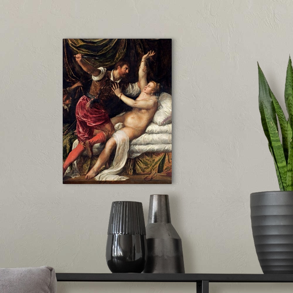 A modern room featuring Tarquin and Lucretia. Tiziano Vecellio (Titian). Oil on canvas. Dimensions; 188.9 cm x  145.1 cm....