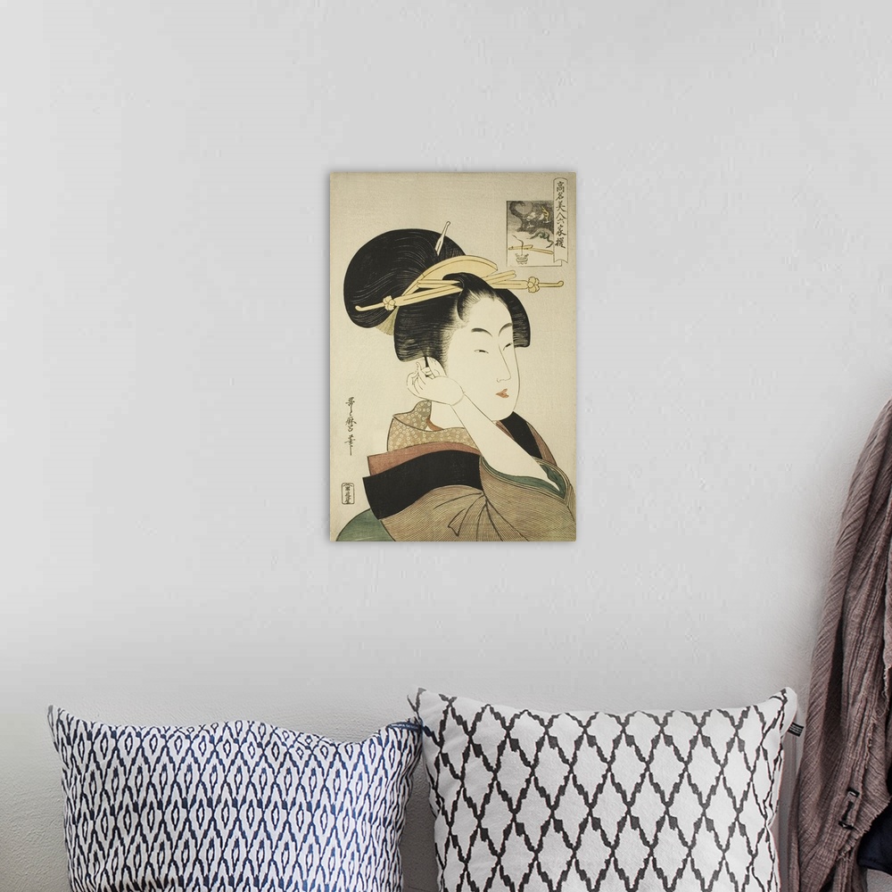 A bohemian room featuring Tatsumi Roko, from the series Renowned Beauties Likened to the Six Immortal Poets, Komei bijin ro...
