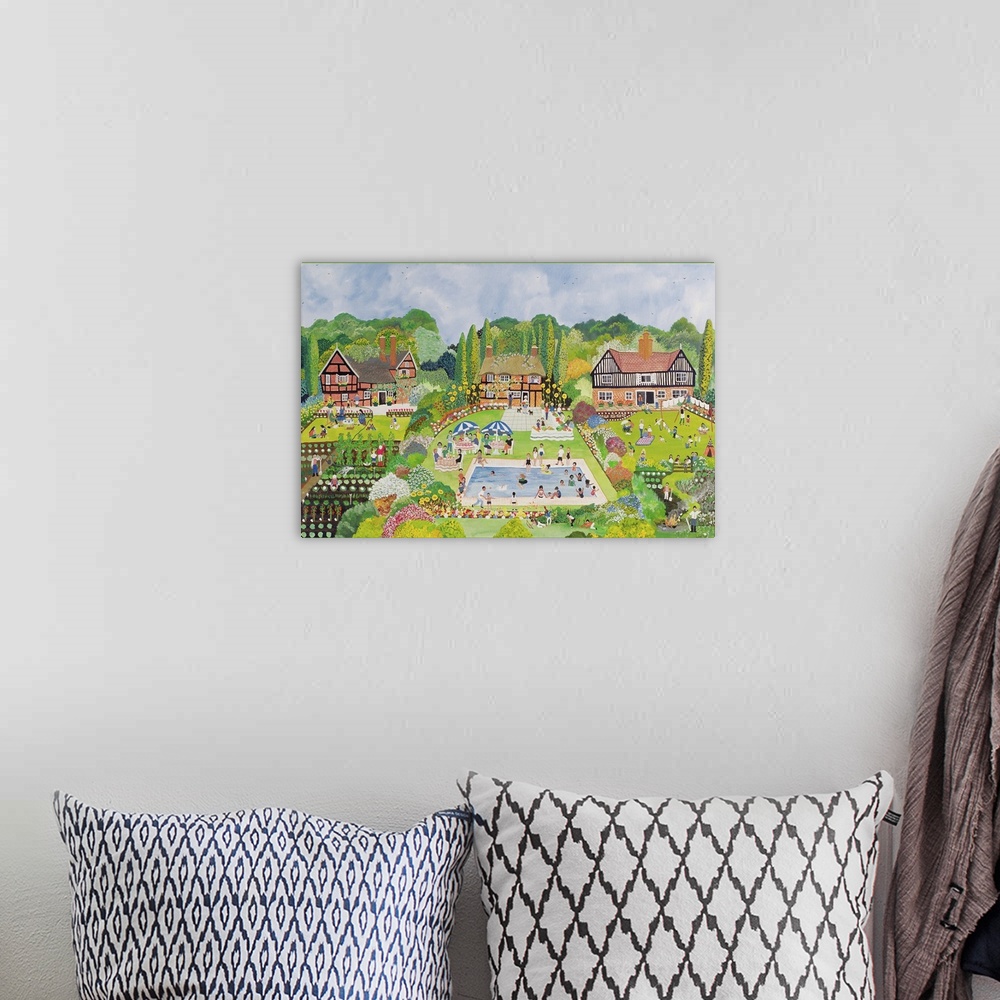A bohemian room featuring Contemporary painting of a neighborhood with gardens and lots of people.