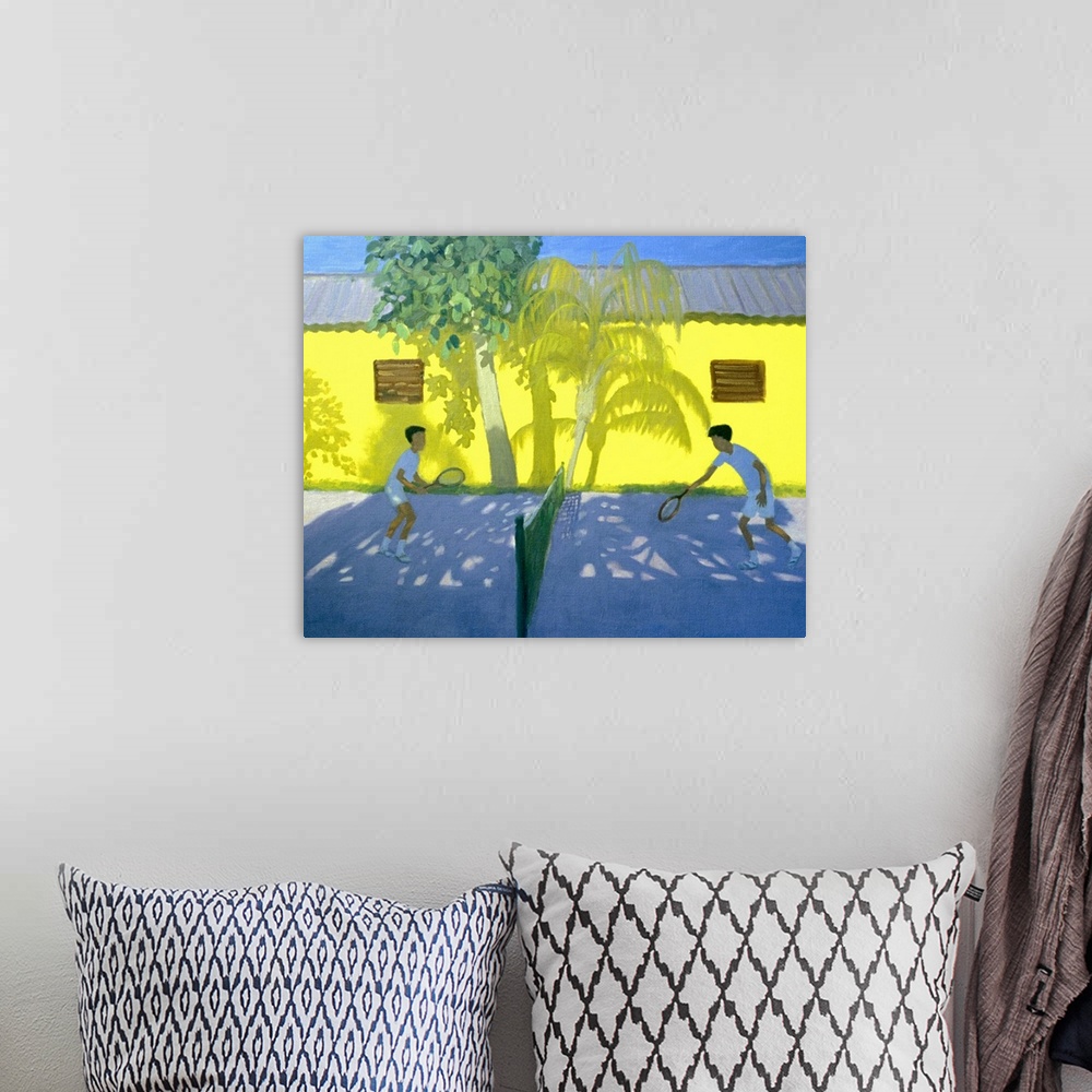 A bohemian room featuring This is a landscape painting of two children playing a game on a court in the shade of palm trees...