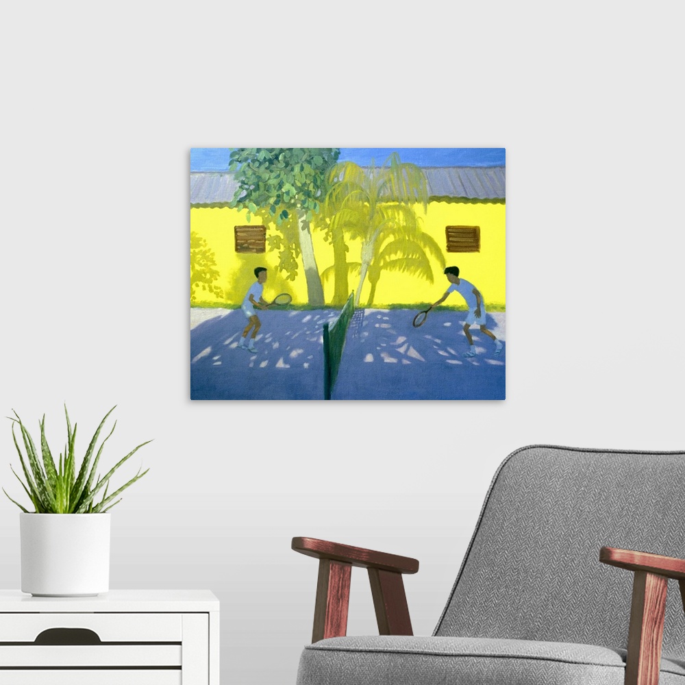 A modern room featuring This is a landscape painting of two children playing a game on a court in the shade of palm trees...