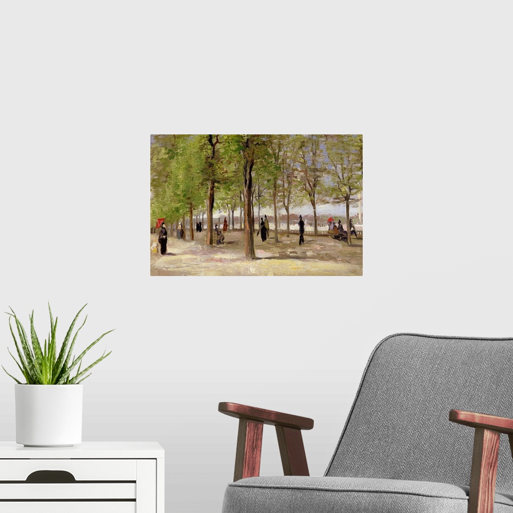 A modern room featuring Muted antique painting of people strolling through a wooded park.  Some people are carrying umbre...