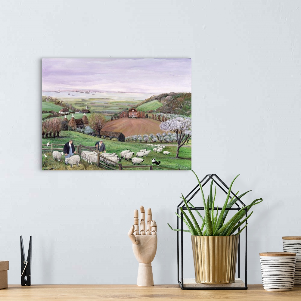 A bohemian room featuring Contemporary painting of shepherds and sheep in the English countryside.