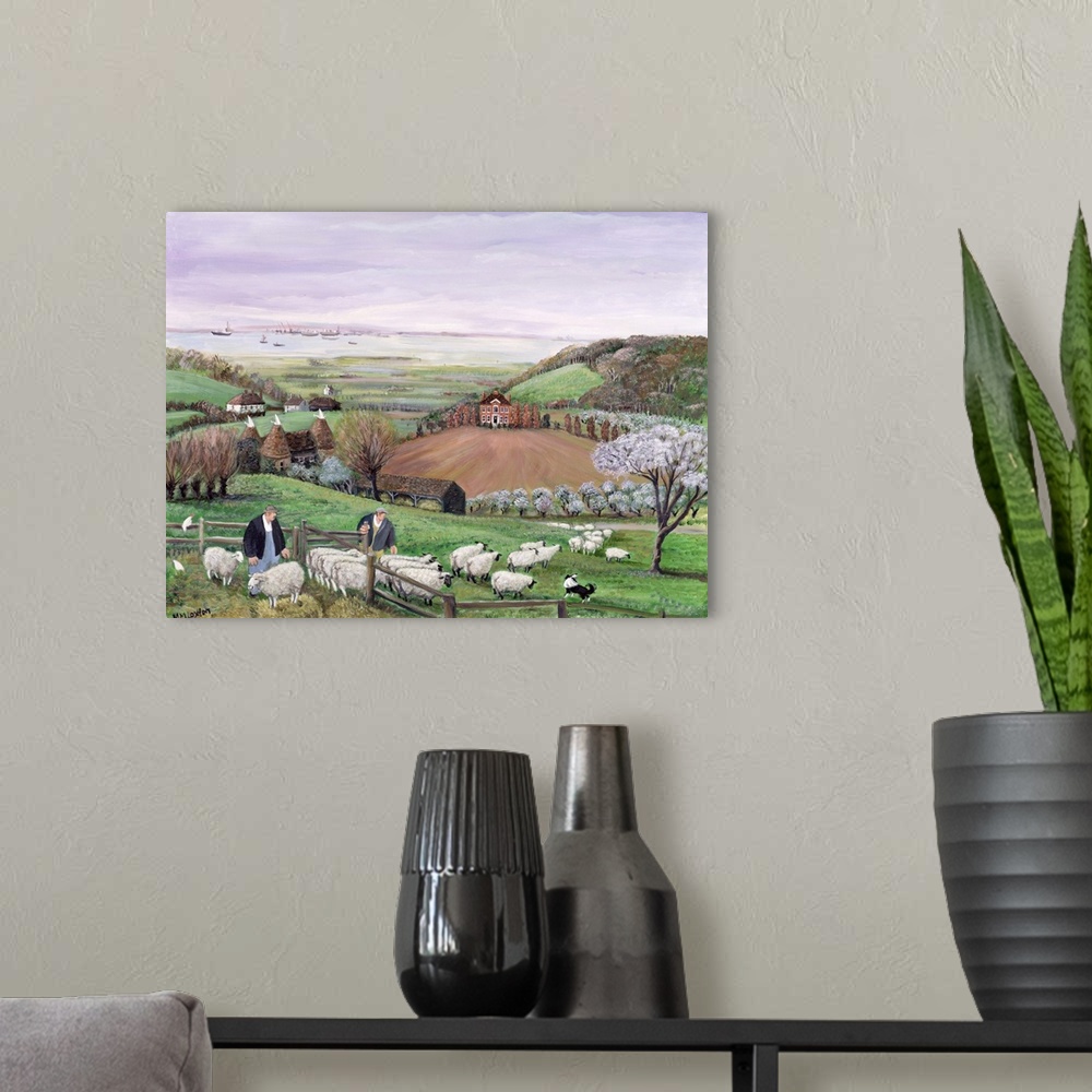 A modern room featuring Contemporary painting of shepherds and sheep in the English countryside.