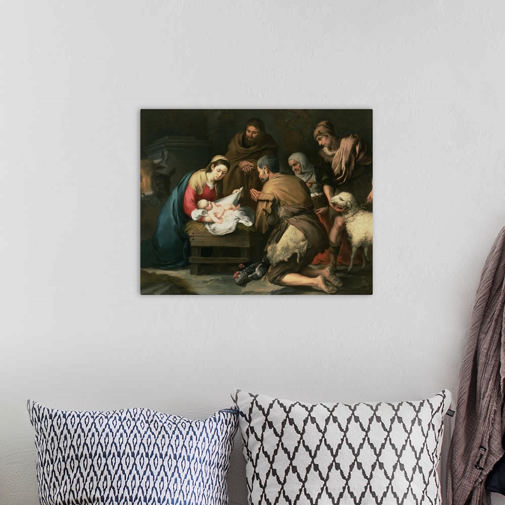 A bohemian room featuring XIR38716 The Adoration of the Shepherds, c.1650 (oil on canvas)  by Murillo, Bartolome Esteban (1...