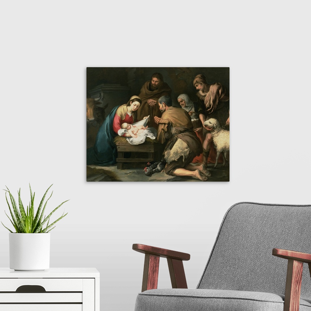 A modern room featuring XIR38716 The Adoration of the Shepherds, c.1650 (oil on canvas)  by Murillo, Bartolome Esteban (1...
