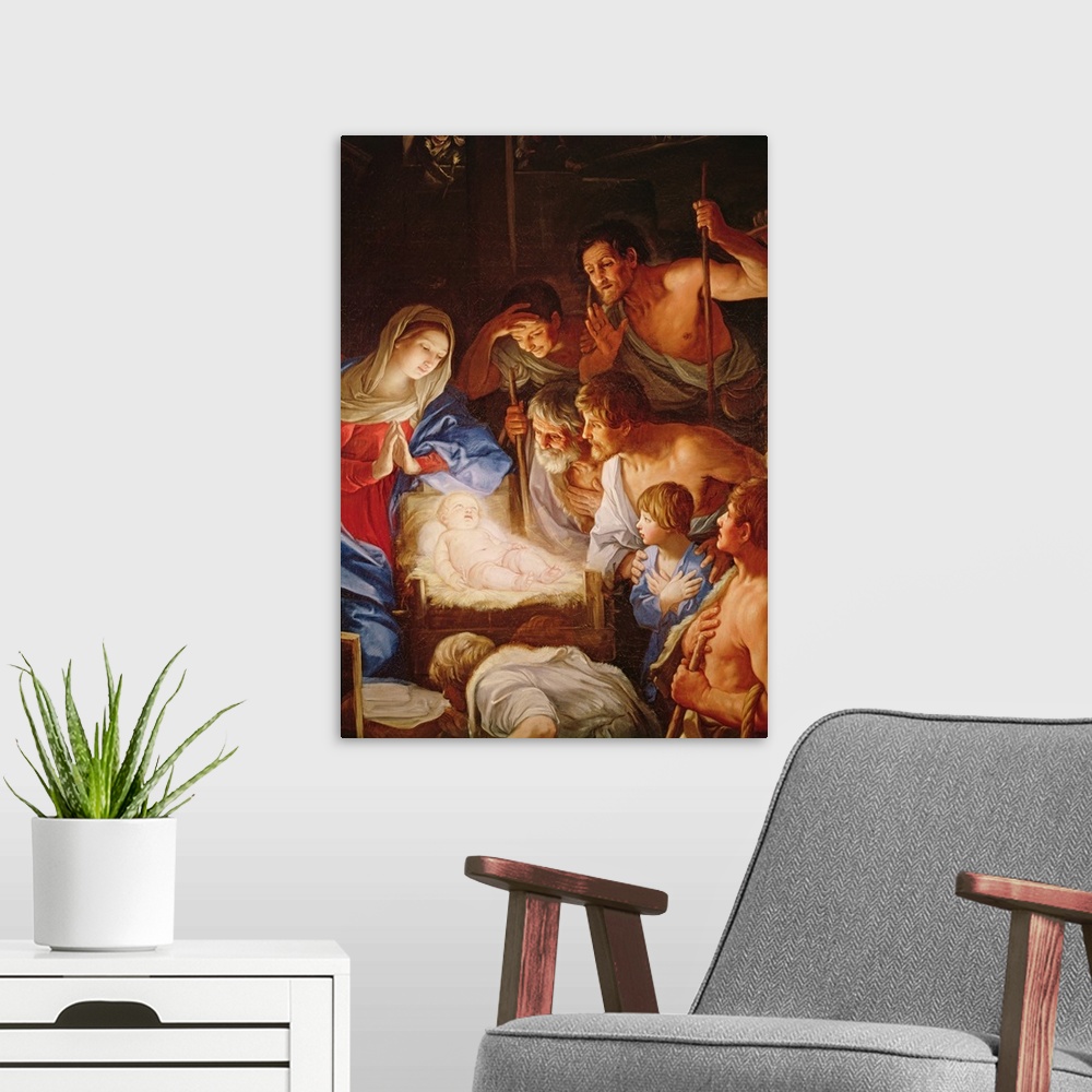 A modern room featuring Adoration des Bergers, le groupe autour de Jesus;