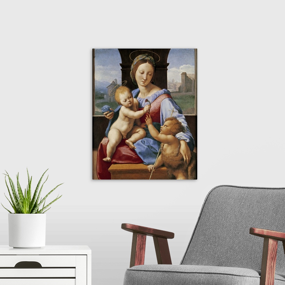 A modern room featuring The Aldobrandini Madonna or The Garvagh Madonna