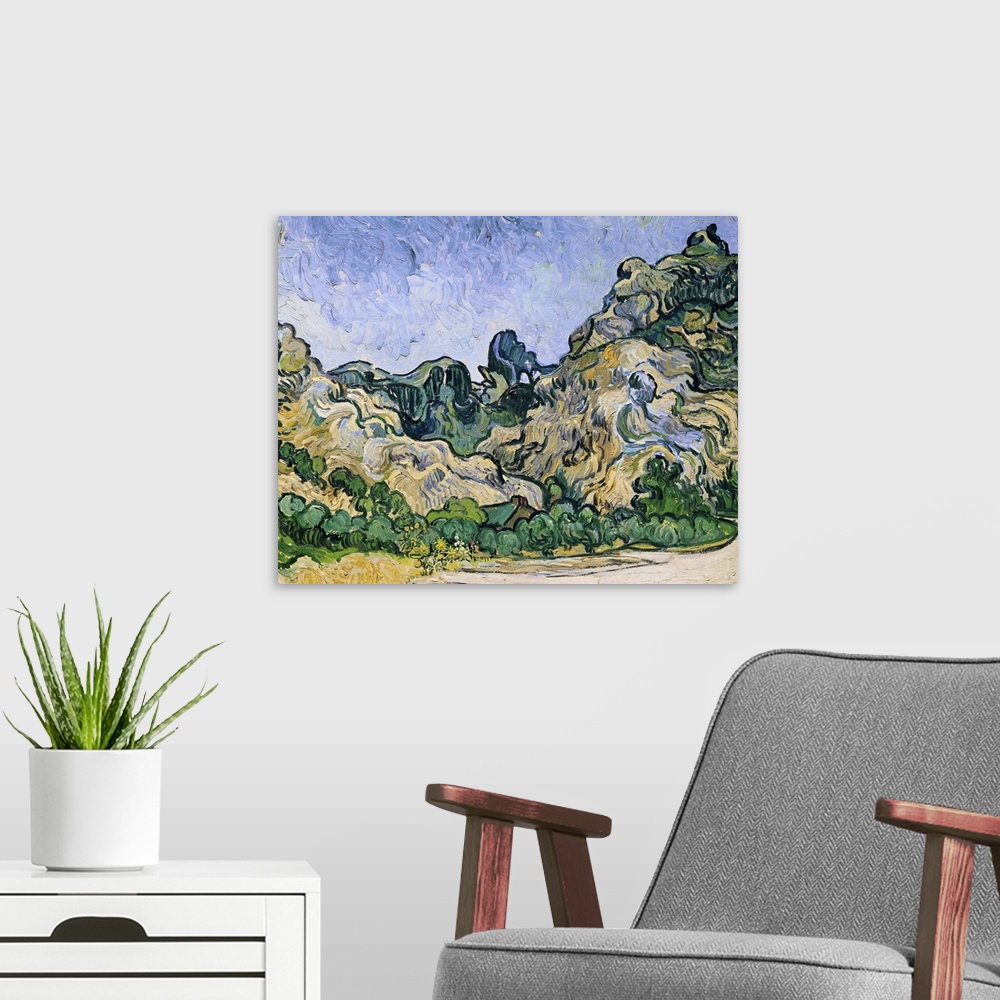 A modern room featuring A classic piece of artwork that has painted hills and trees just at the bottom. The roof of a sma...