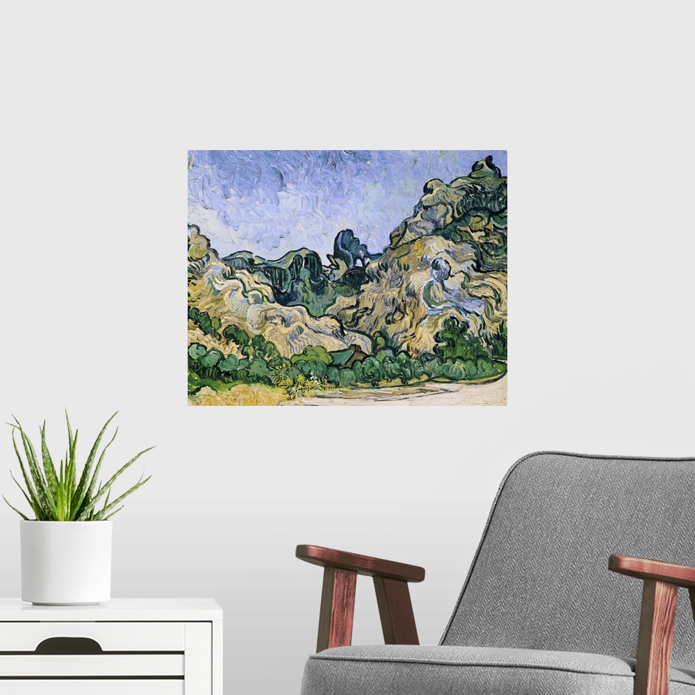 A modern room featuring A classic piece of artwork that has painted hills and trees just at the bottom. The roof of a sma...