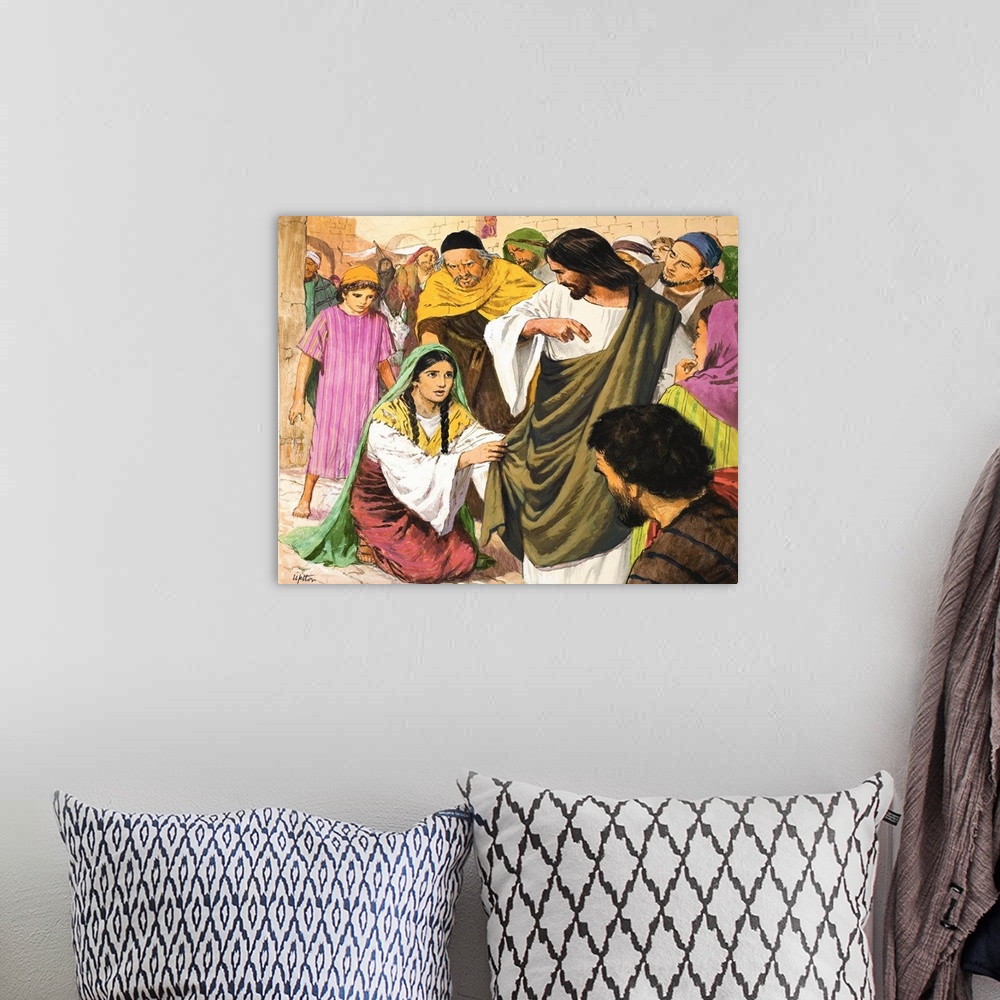 A bohemian room featuring The Amazing Love of Jesus: The Woman in the Crowd. Original artwork for illustration on page 9 of...
