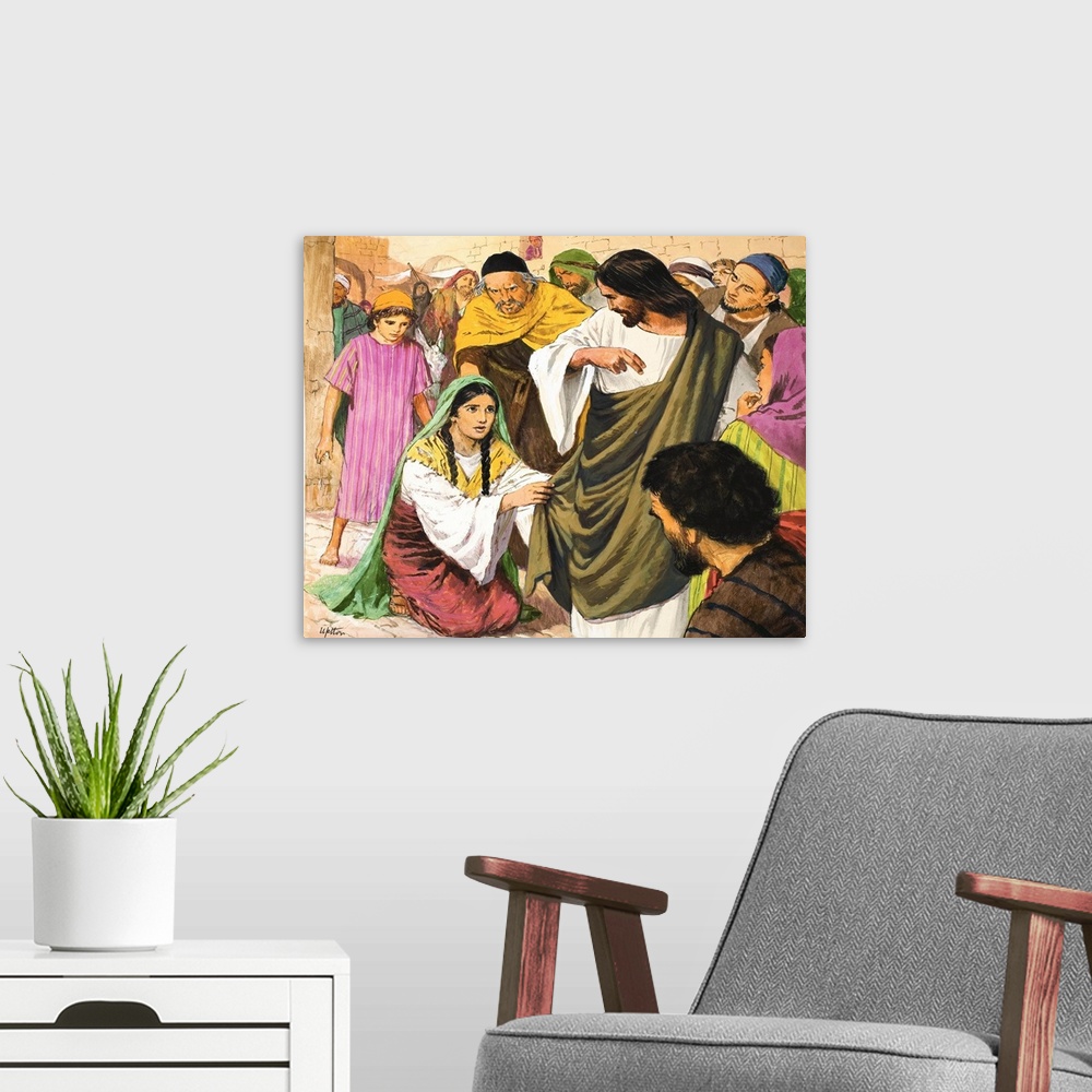 A modern room featuring The Amazing Love of Jesus: The Woman in the Crowd. Original artwork for illustration on page 9 of...