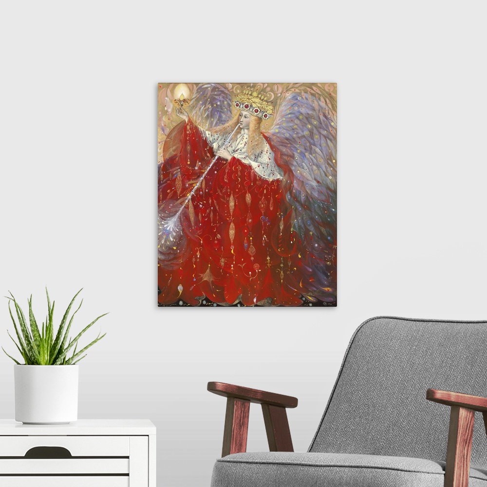 A modern room featuring The Angel of Life, 2009, oil and gold leaf on Belgian linen.  By Pavlova Annael Anelia.