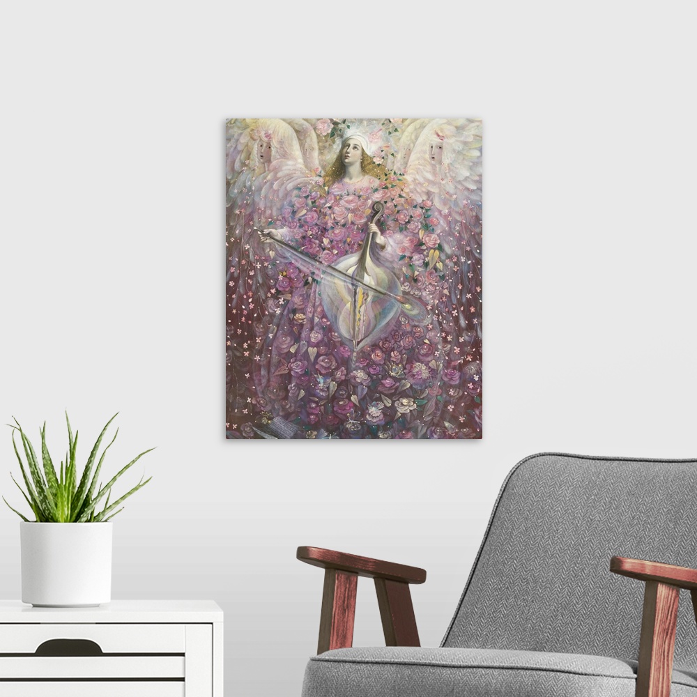 A modern room featuring The Angel of Love, 2010, oil and gold leaf on Belgian linen.  By Pavlova Annael Anelia.