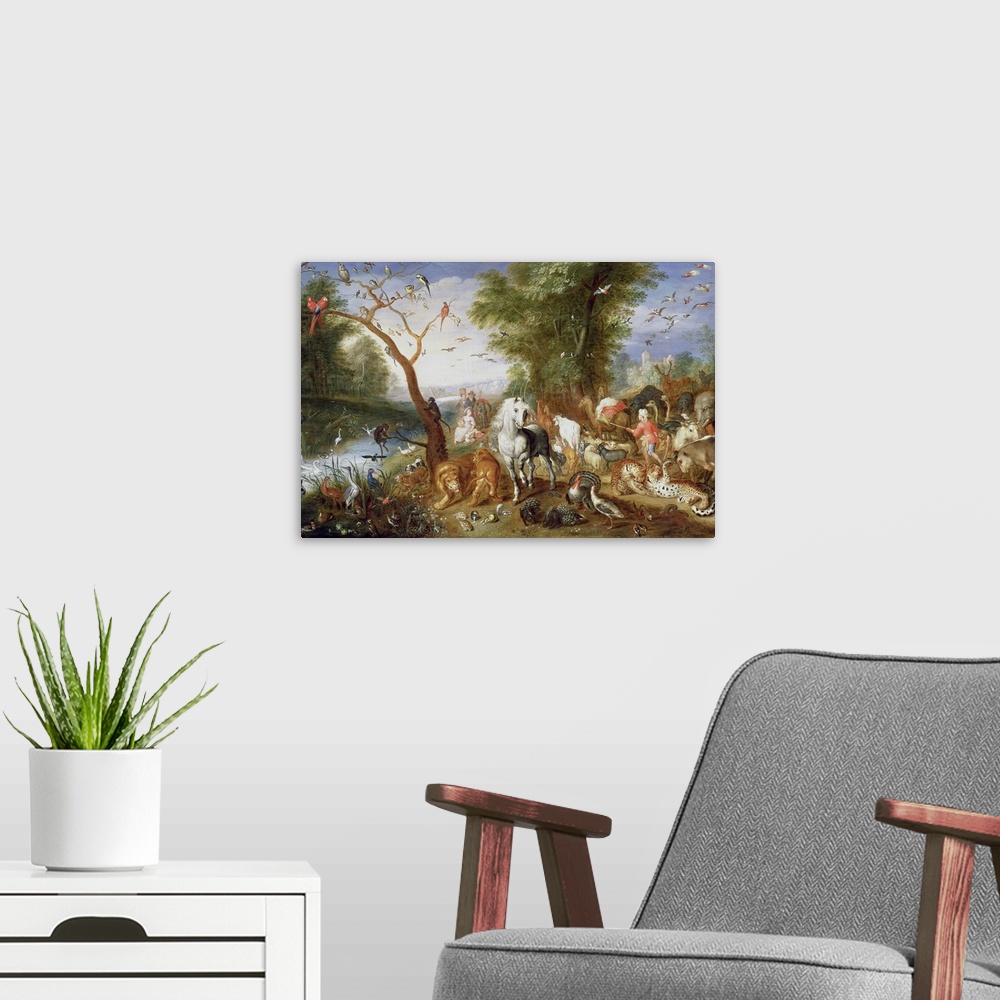 A modern room featuring BAL77041 The Animals entering Noah's Ark (panel)  by Kessel, Jan van the Younger (1654-1708); oil...