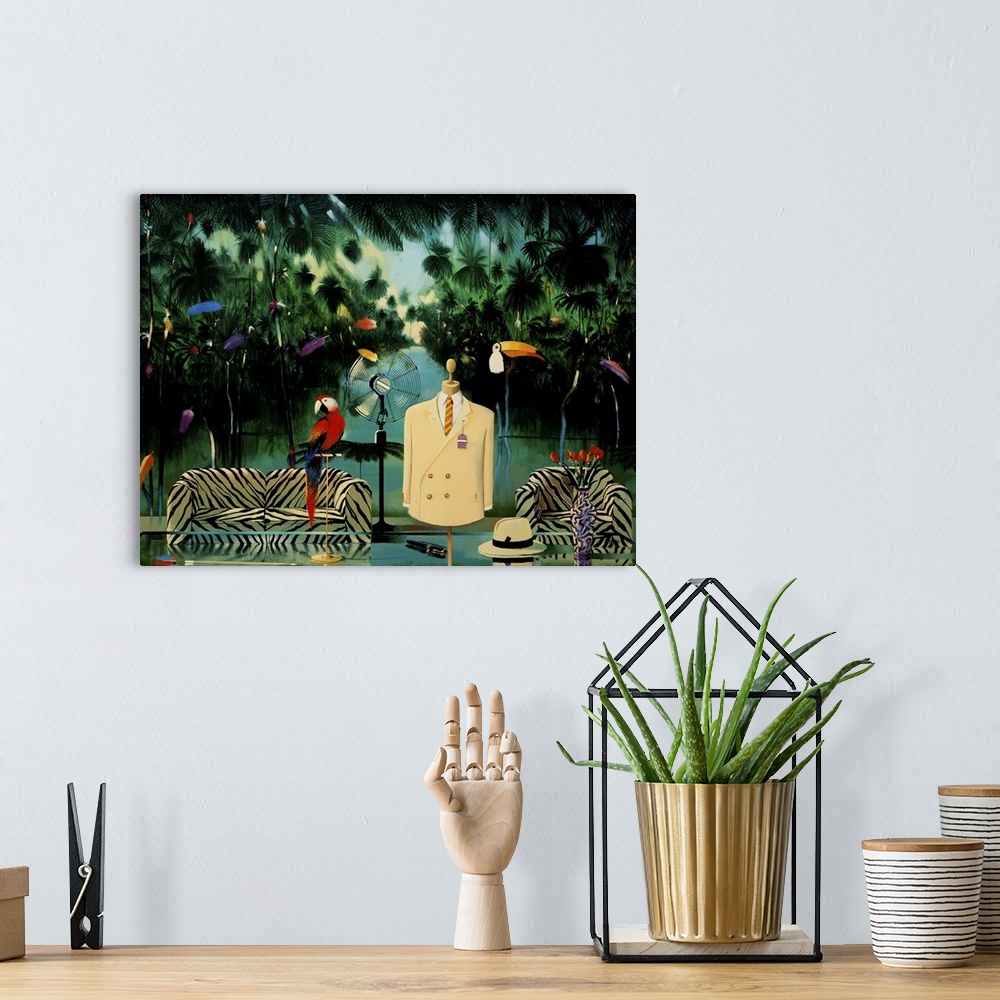 A bohemian room featuring Contemporary painting of a living room setting in the jungle.