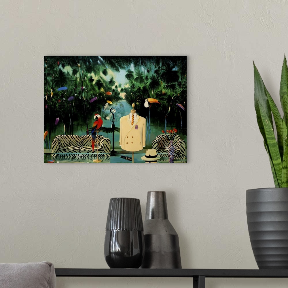 A modern room featuring Contemporary painting of a living room setting in the jungle.