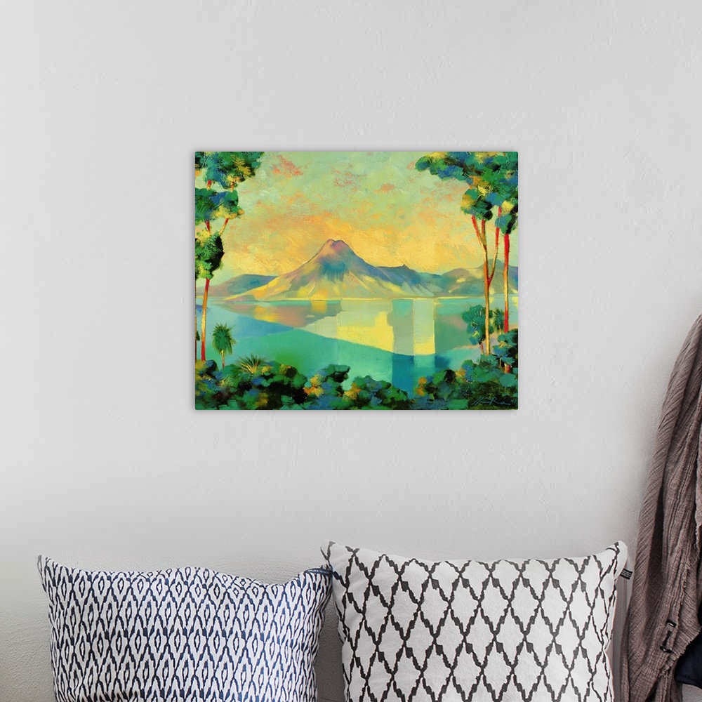 A bohemian room featuring Contemporary painting of a peaceful lagoon landscape.