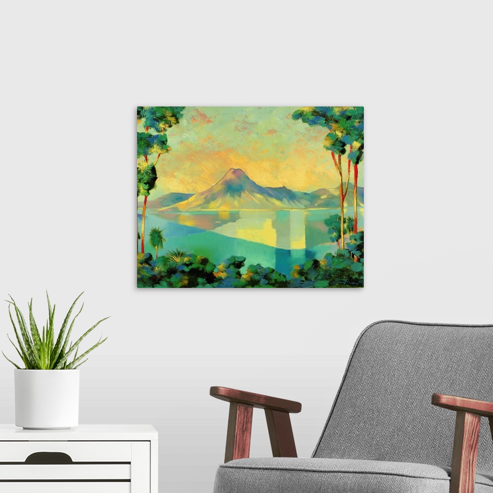 A modern room featuring Contemporary painting of a peaceful lagoon landscape.