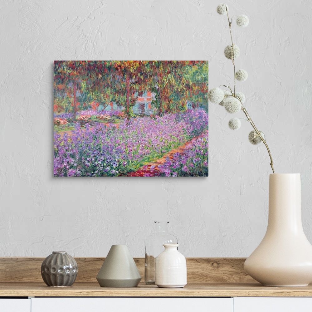 A farmhouse room featuring Giant classic art painting showcasing a beautiful garden filled with flowers and surrounding trees.