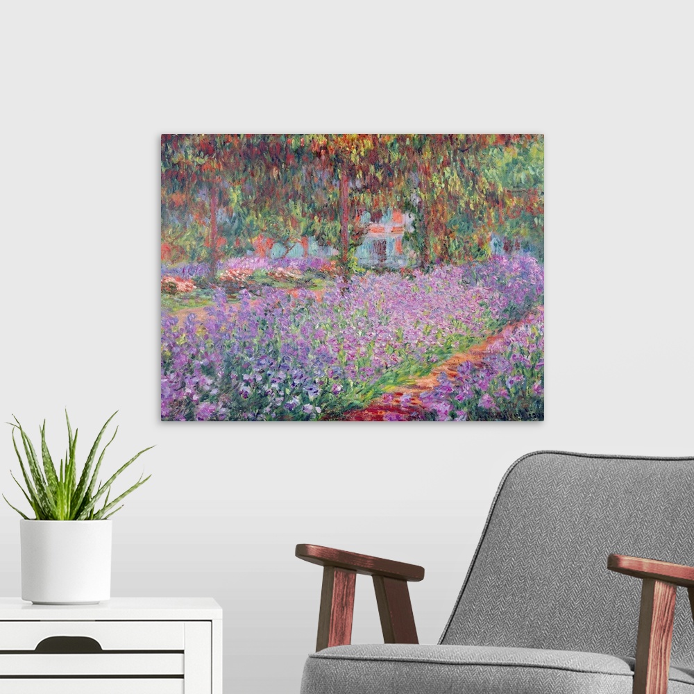 A modern room featuring Giant classic art painting showcasing a beautiful garden filled with flowers and surrounding trees.