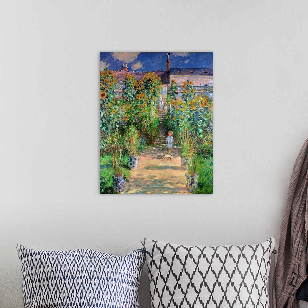 A bohemian room featuring Classical oil painting of child wondering down dirt pathway lined with sunflowers and tall grass ...