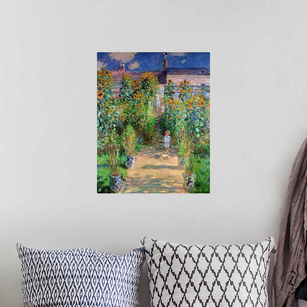 A bohemian room featuring Classical oil painting of child wondering down dirt pathway lined with sunflowers and tall grass ...
