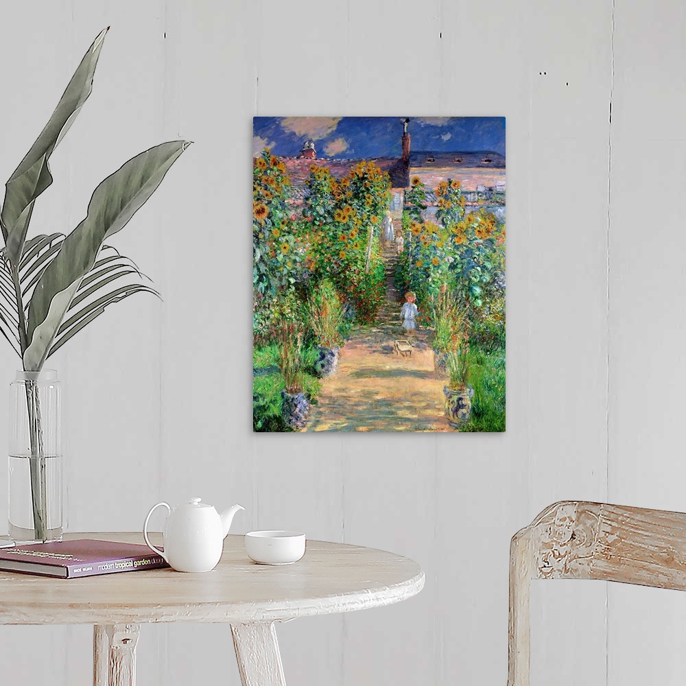 A farmhouse room featuring Classical oil painting of child wondering down dirt pathway lined with sunflowers and tall grass ...