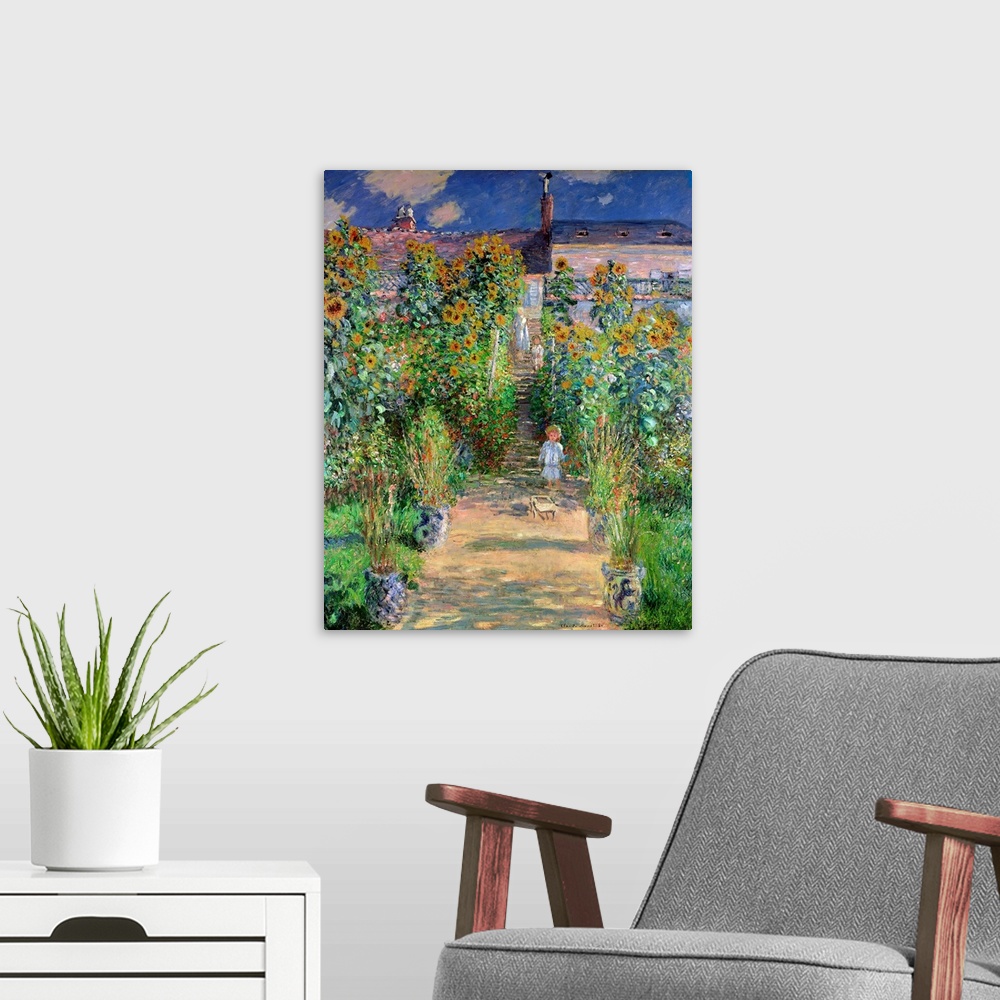 A modern room featuring Classical oil painting of child wondering down dirt pathway lined with sunflowers and tall grass ...