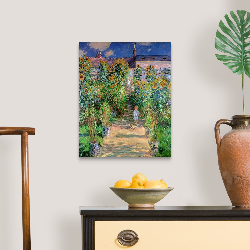 A traditional room featuring Classical oil painting of child wondering down dirt pathway lined with sunflowers and tall grass ...