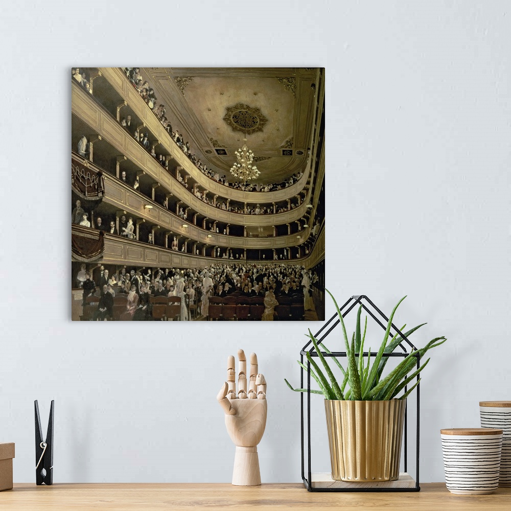 A bohemian room featuring Classical oil painting of concert hall with balconies filled with people.