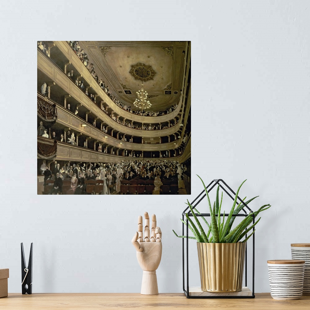 A bohemian room featuring Classical oil painting of concert hall with balconies filled with people.